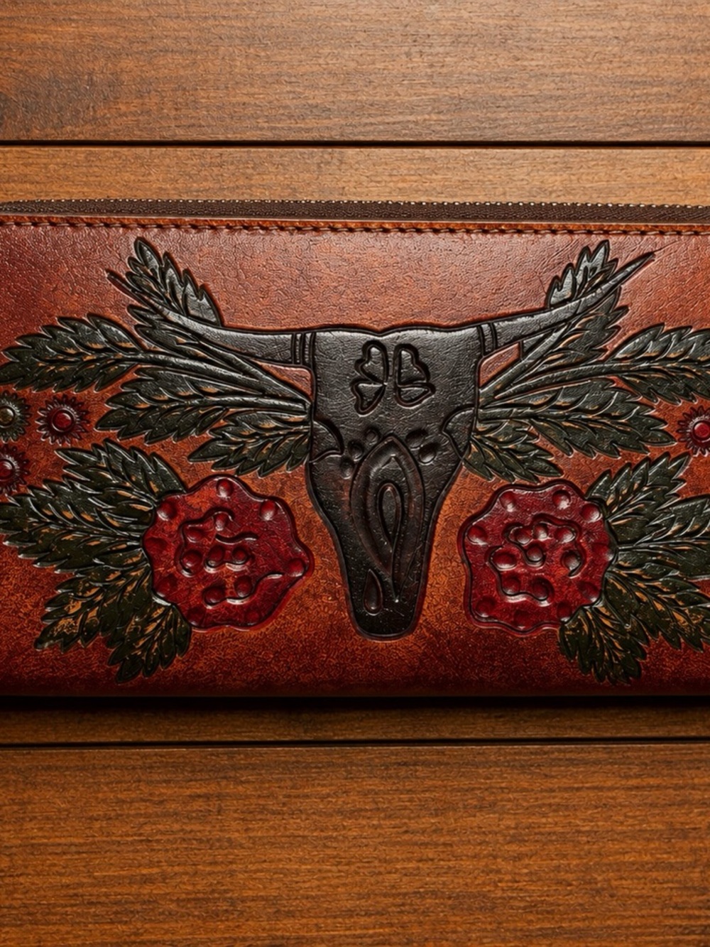 Idyllwind Tooled Leather Wallet with Bull Skull & Red Floral Accents